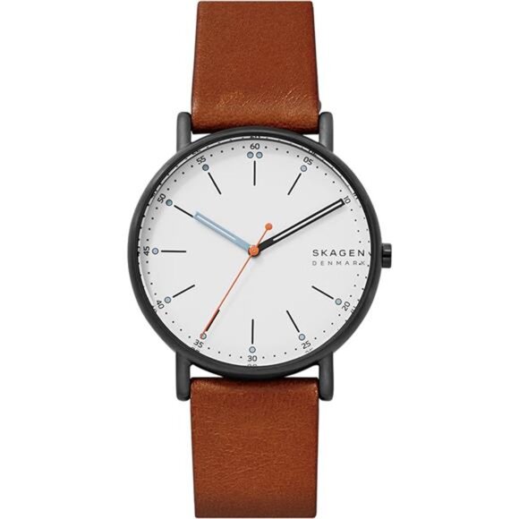 Men's Signatur Three-Hand Black Stainless Steel and Brown Leather Band Watch
